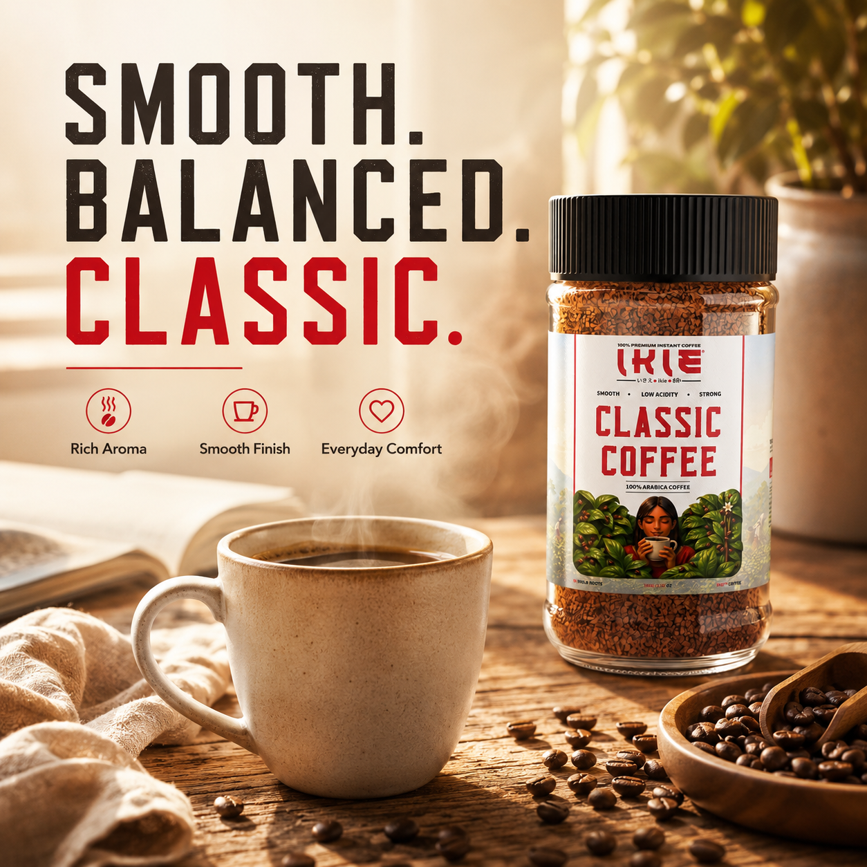 IKIE Classic Instant Coffee Powder | 100% Arabica Freeze-Dried | No Chicory | Rich Aroma & Bold Taste | Pure Black Coffee | 100g